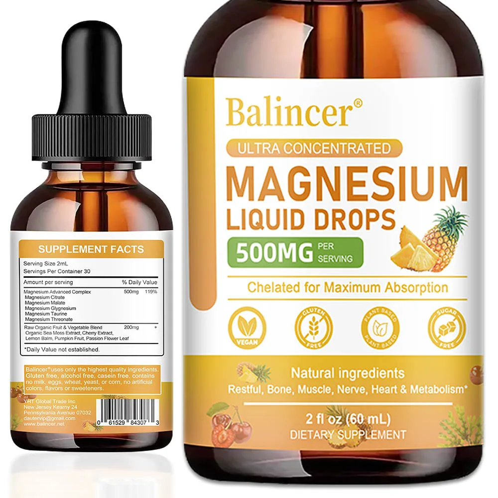 Magnesium Glycinate Liquid Drops with Citrate - Cognition, Muscle & Focus, Liquid Magnesium Complex Supplement, Pineapple Flavor