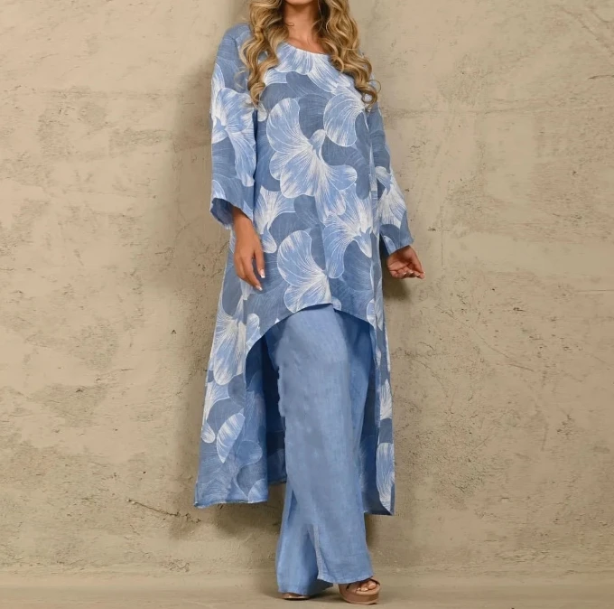 

Fashionable Casual Loose Fit Oversized Printed Irregular Clothes and Pants Temperament Girl Set