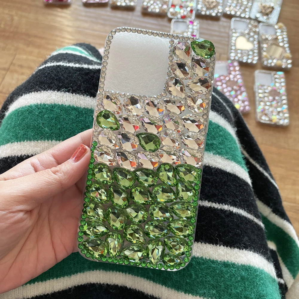 

Green Diamond Phone Case For iPhone 16 15 14 13 12 11 Pro XS Max XR X 7 8 6 6S Plus SE 2020 2022 Bling Rhinestone Cover Jewelled