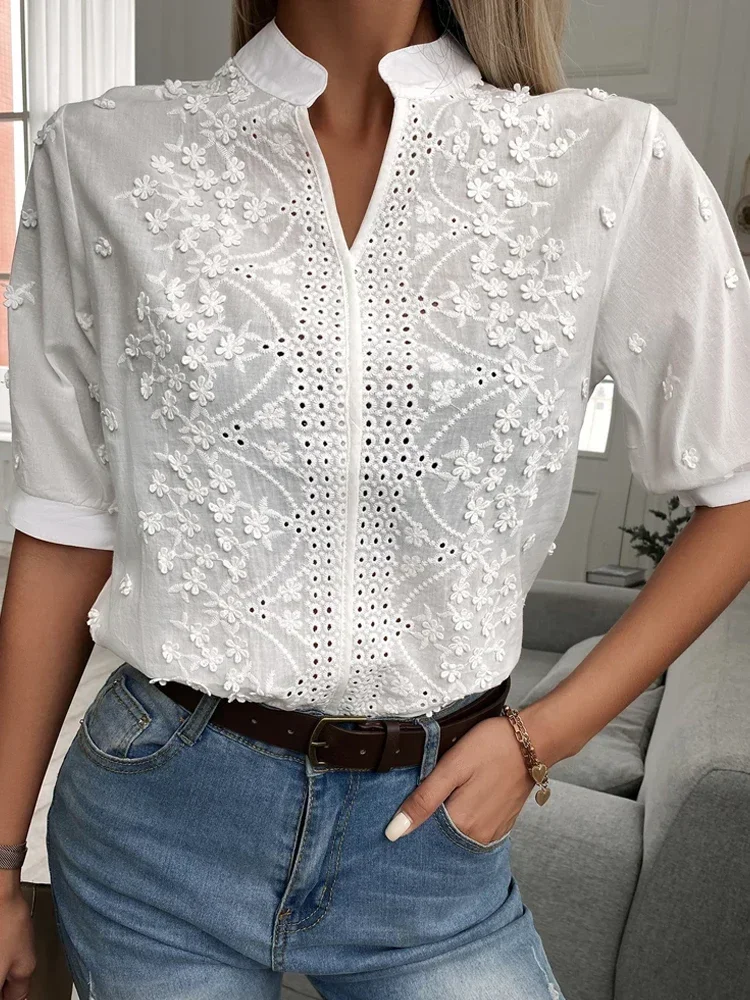 Neue Frauen Sommer Floral Stickerei Spitze Bluse Hohl-out Stehkragen V-ausschnitt Casual Shirt Elegante Kurzarm Baumwolle tops