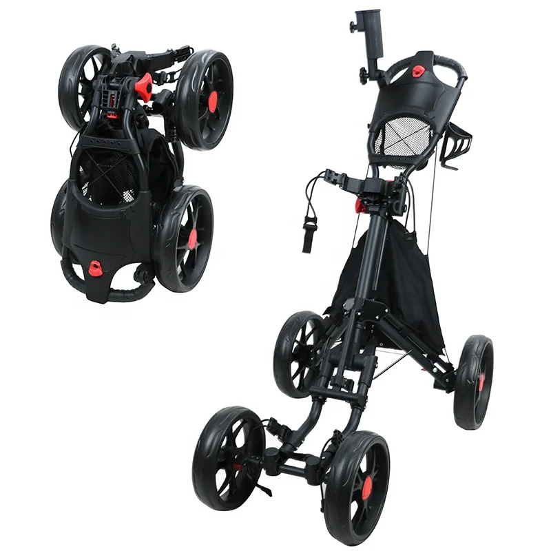 Black Foldable 4 Wheel Golf Push Trolley Aluminum Golf Pull Cart With Foot Brake Umbrella Holder Drink Holder Cool Bag