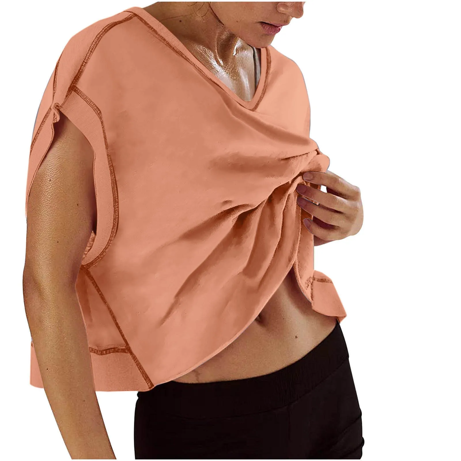 Women Short Sleeve T Shirt Loose Fit Cvc Cotton Solid Color T Shirts V Neck Crop Cut Out Tee Oversized Backless Open Back Top