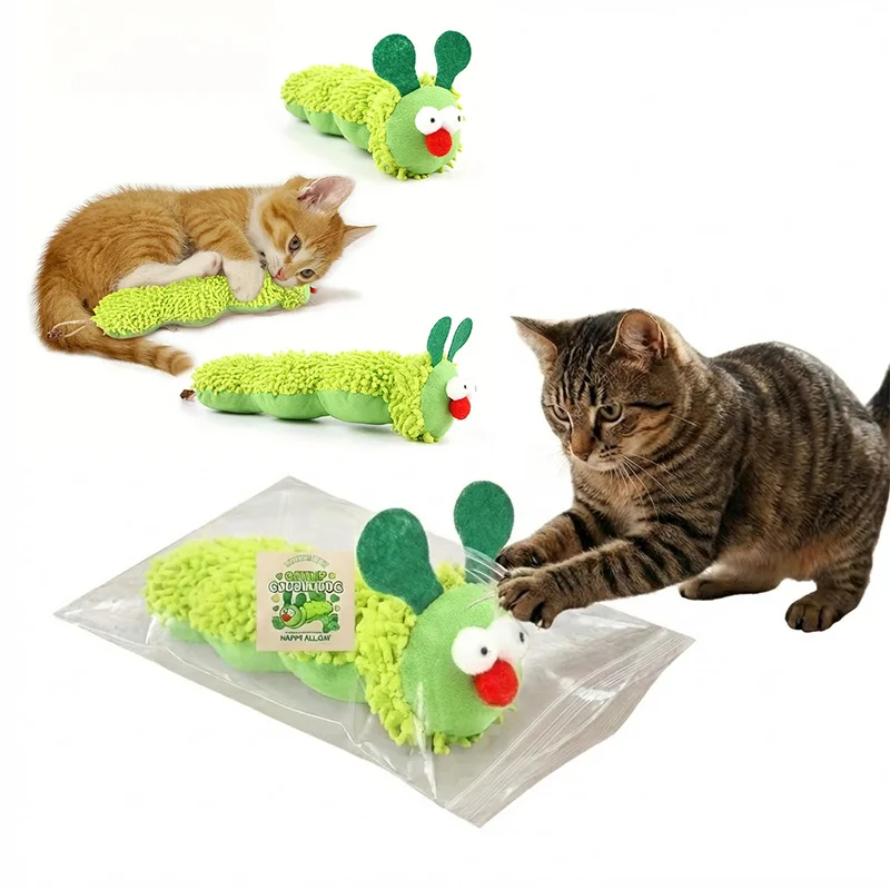 Brinquedo de Pelúcia Verde para Gatos: Lagarta com Catnip para Limpeza dos Dentes, Textura Antiderrapante e Resistente à Mordida para Gatos de Interior