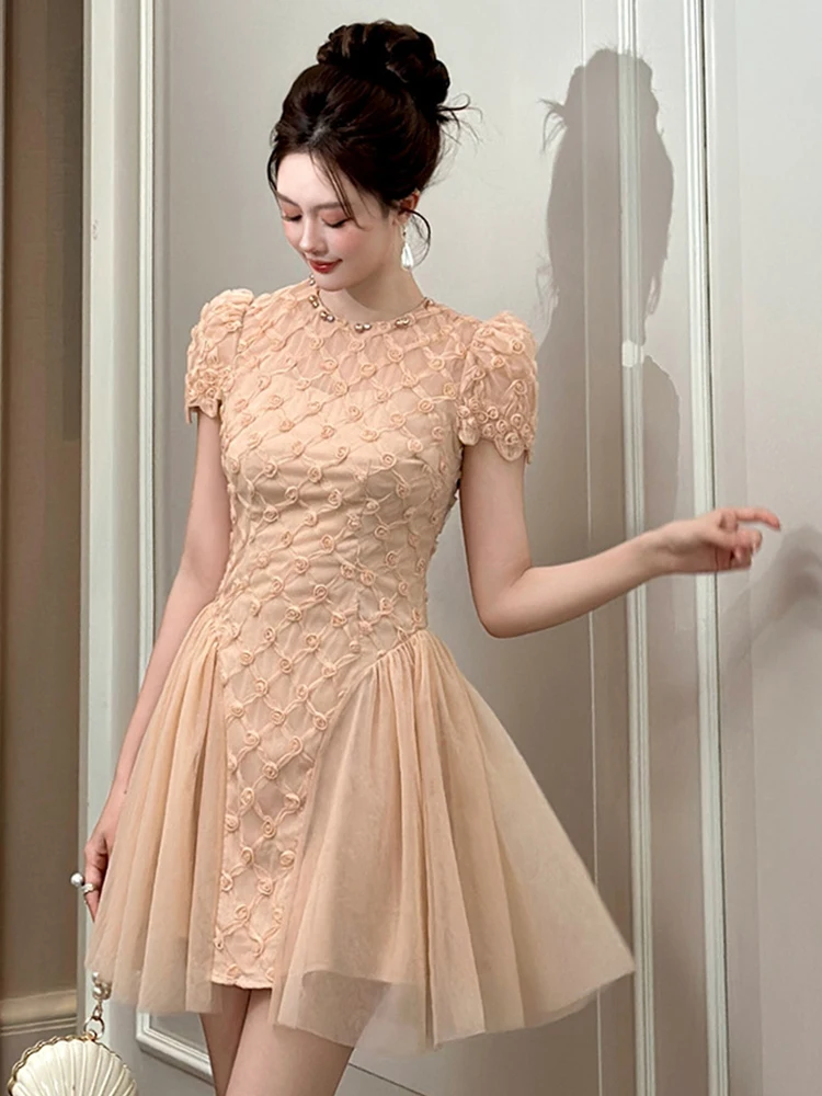 Seksowna, urocza sukienka na studniówkę dla kobiet, vintage, przezroczysta siateczka, kwiaty, diamenty, plisowana suknia, elegancka damska sukienka na imprezę, klub, krótka vestidos