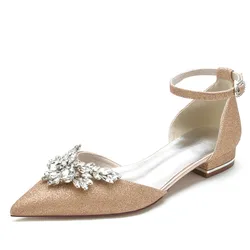 Glitter Rhinestones Wedding Flats Shoes for Bride Pointed Toe Ankle Buckle Strap Sparkly Women Flat Sandals for Bridal
