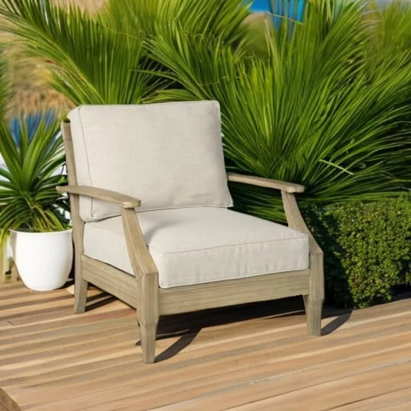 

Beige Outdoor Lounge Chair – Eucalyptus Wood, All-Weather Foam Cushion & Protective, 30x 35D x 32H