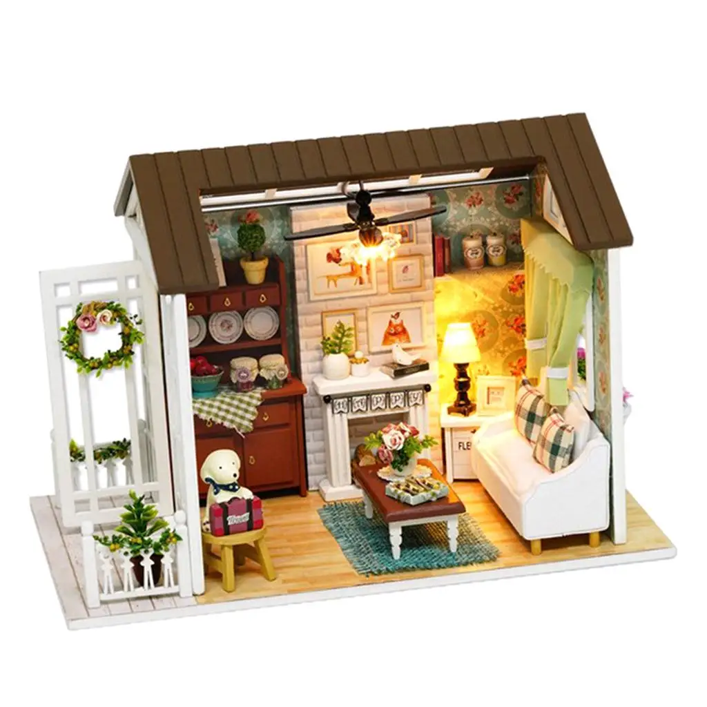 Puppenhaus im Maßstab 1:24 mit Möbeln, 3D-Wohnzimmermodell im Diorama-Holzstil