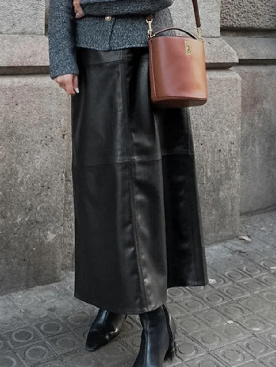 Bornladies  Autumn New High Waisted Straight Leg Skirt Women Temperament Casual Office Lady Design Sense PU Leather Long Skirt