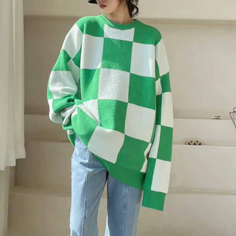 

Green Plaid Wool Sweater Women 2023 Autumn Winter O Neck Pullover Sweaters Korean Style Knitted Long Sleeve Jumpers Casual Tops