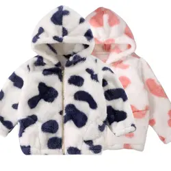 Girls Hooded Plush Jacket Big Children Autumn Winter Keep Warm Outerwear Fashion Princess Christmas Clothes Kids Cute Cow Coat