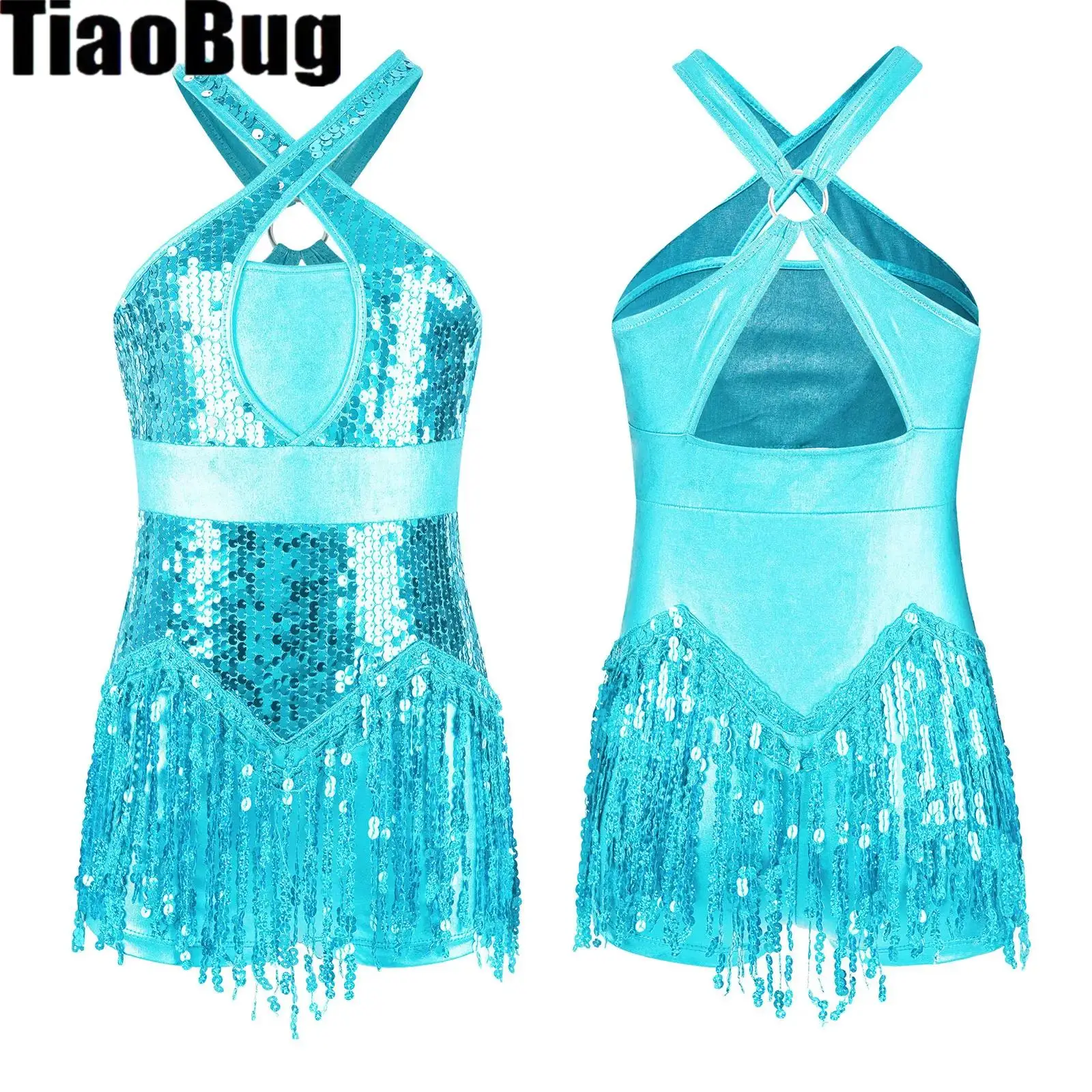 

Sequins Kids Girls Latin Leotard Cha-Cha Performance Sparkly Tassel Leotard Cross Front Cutout Back Fringed Bodysuit