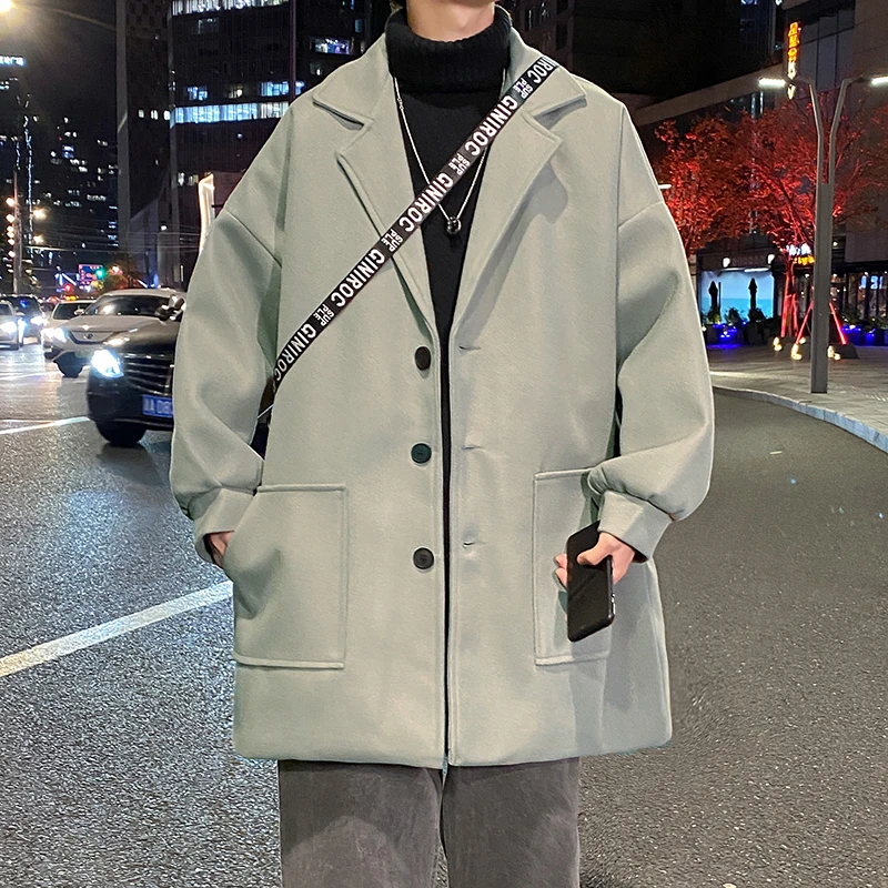 Men's Woolen Coat Autumn Winter Thickened Loose Style Korean Version Hip Handsome Outerwear Mid-Length Single-Button Closure