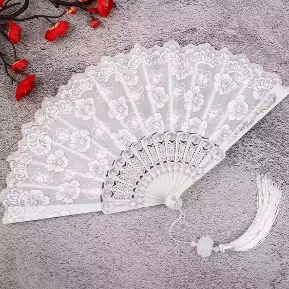 Hanfu Fan Flower Pattern Chinese Folding Fan Traditional Vintage Handheld Fan with Tassel Portable Decorative Fan Photo Prop