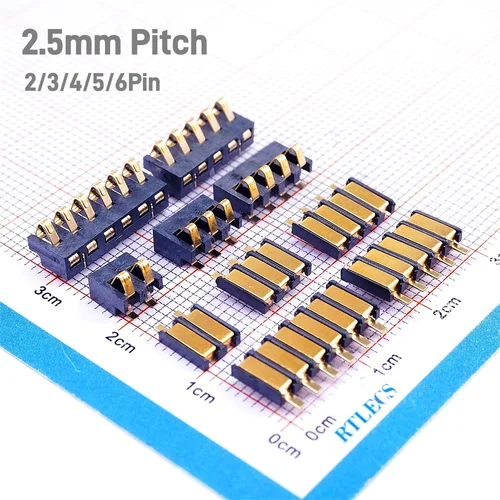 Conector de batería de resorte SMT, 2, 3, 4, 5, 6 pines, paso de 2,5mm, 2A, 12V, soldadura por reflujo, compresión hembra, oro, macho, hembra, 5, 20, 50 piezas