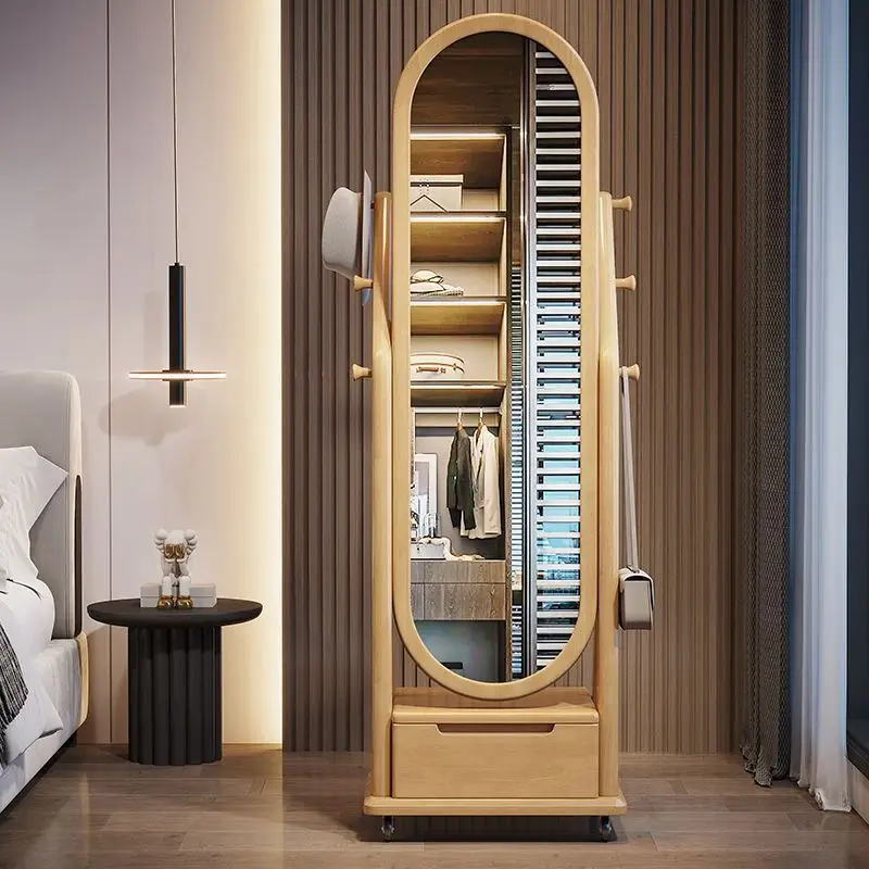 Solid wood household reinforced coat rack mobile bedroom mirror hanging hanger fitting floor rack full-length mirror combination