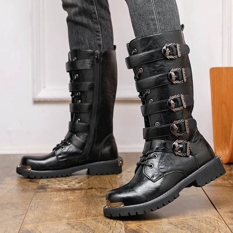 New Men's Side Zipper Warm High Top Leather Boots for Autumn and Winter Fashionable Brand Long Buckle Comfortable High Top Boots