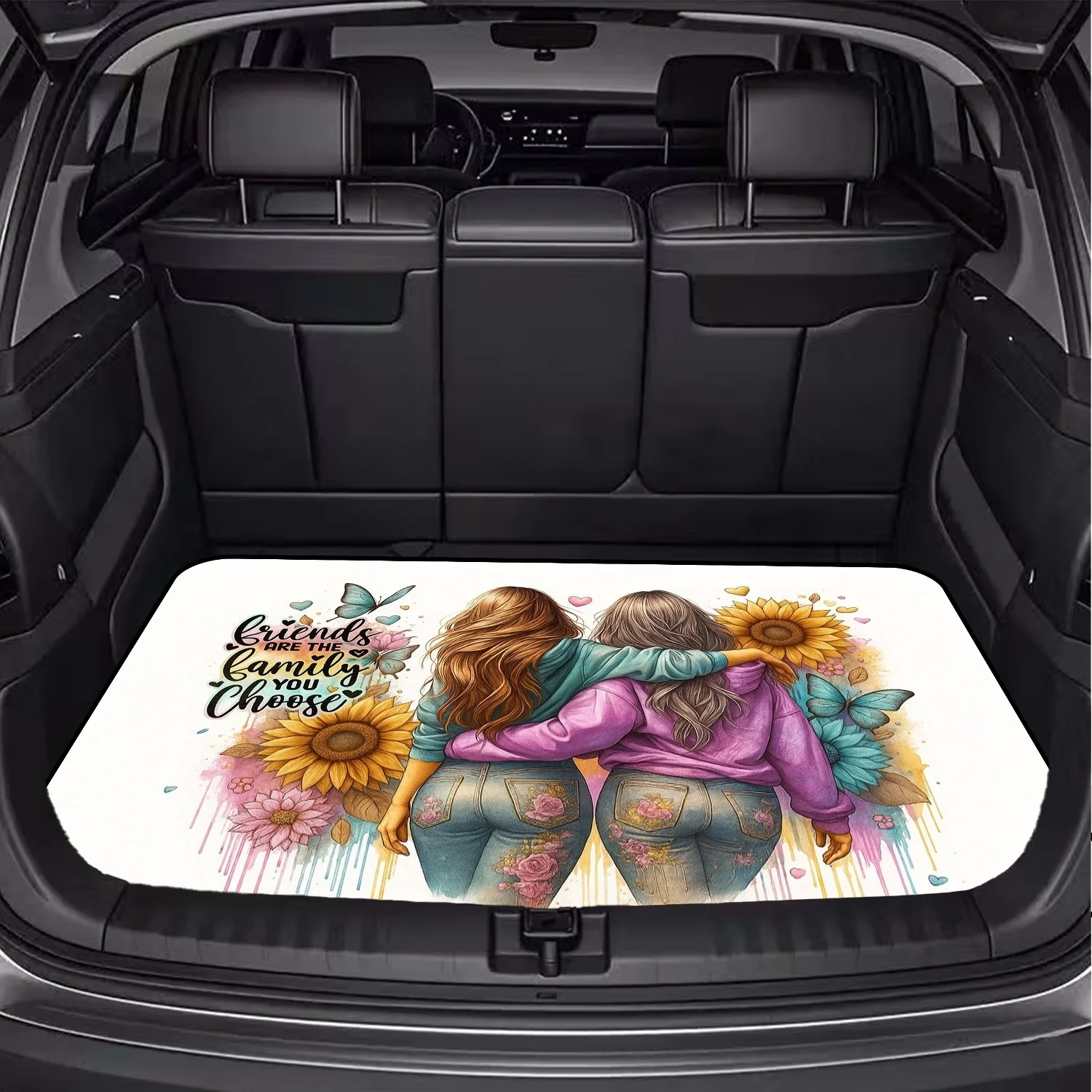 Car Trunk Mat, Best Friends Sunflower Butterfly Letter Graphic Cargo Liner, Non-Slip Rear Trunk Protector, Women Car decor, Car Accessories, Interior Decoration Mat, Universal Fit For SUV Sedan Truck, Water