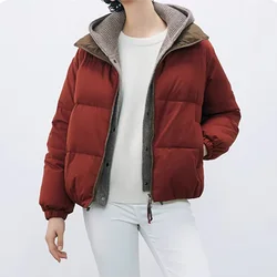 Women's Hooded Down Coat, Thick Jacket Top, Wool Blend, Knitted Seams, High Quality, 90 All White Goose, Winter, New, 2024,y2k