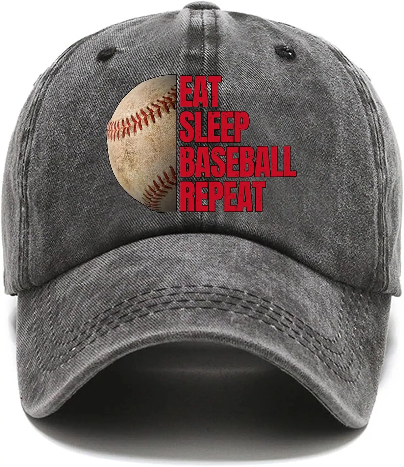 Eat Sleep Baseball Repeat Funny Distressed Washed Black Baseball Cap, Vintage Adjustable Cotton Cap, Retirement Gifts for Men