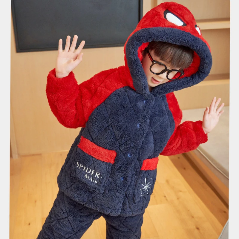 Marvel Spider Man Children Pajamas Sets Flannel Warm Hooded Women Men Winter Unisex Cartoon Pajamas Kid Christmas Birthday Gifts