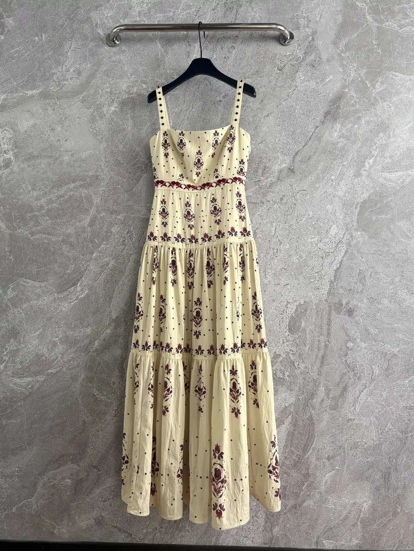 Robe longue en coton pour femmes, imprimé floral, écharpe, broderie de perles, col carré, taille haute, sans manches, vacances, nouvelle collection 2025