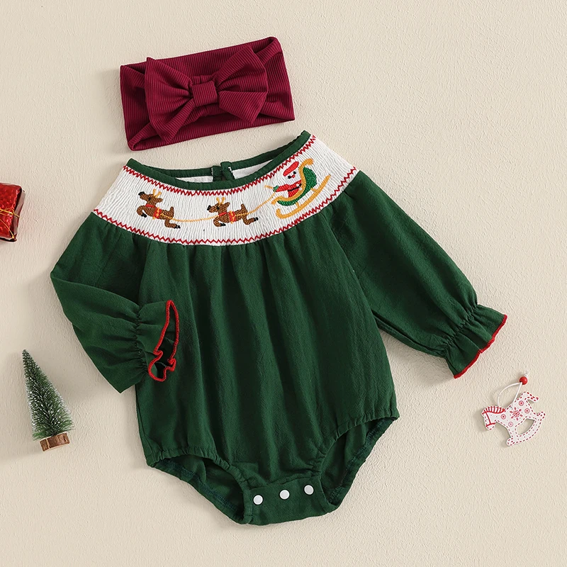 Sister Matching Outfits for Christmas Reindeer Embroidery Long Sleeve Round Neck Romper Dress