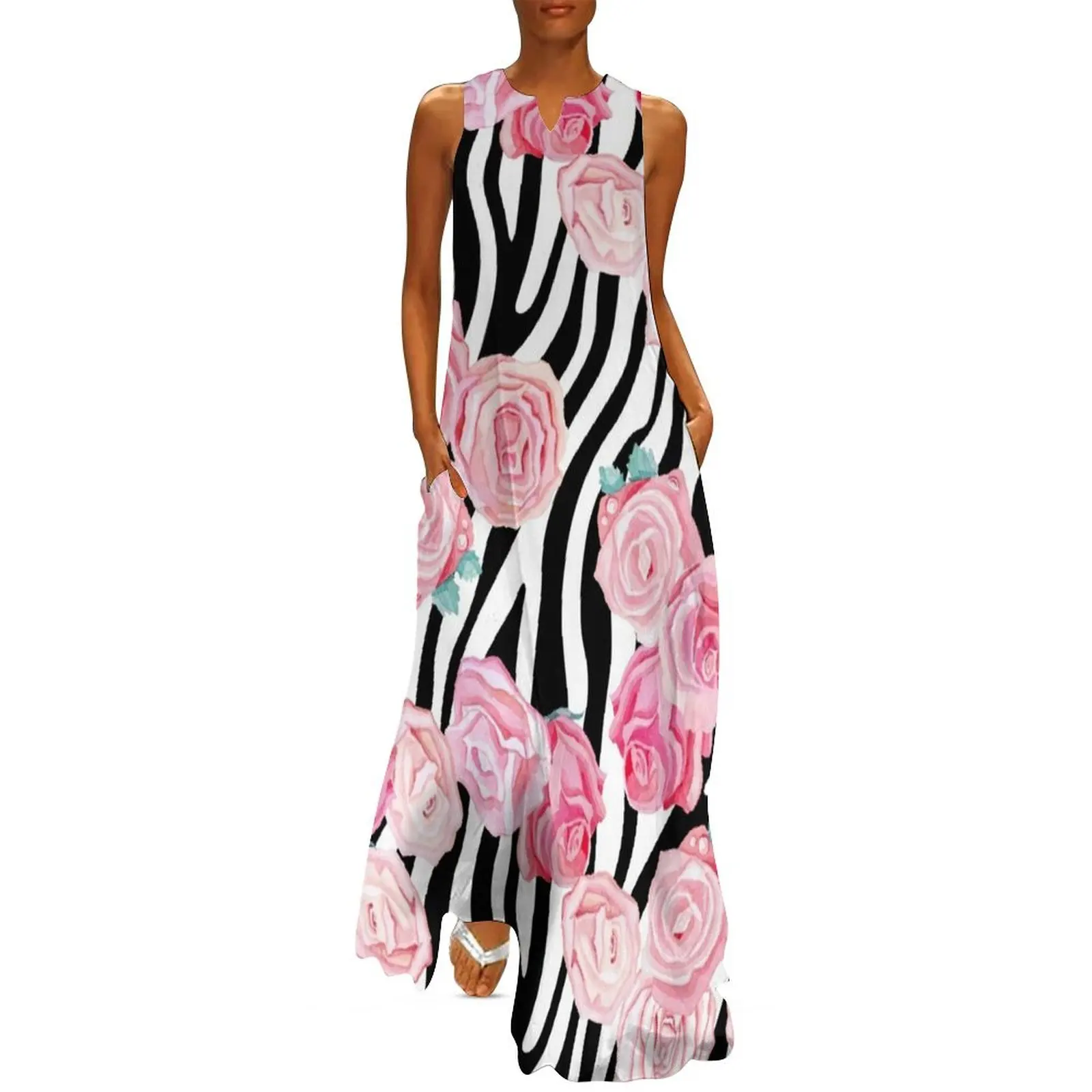 

Rose and Zebra Print pattern Long Dress Cocktail of dresses Dress woman dress korean style