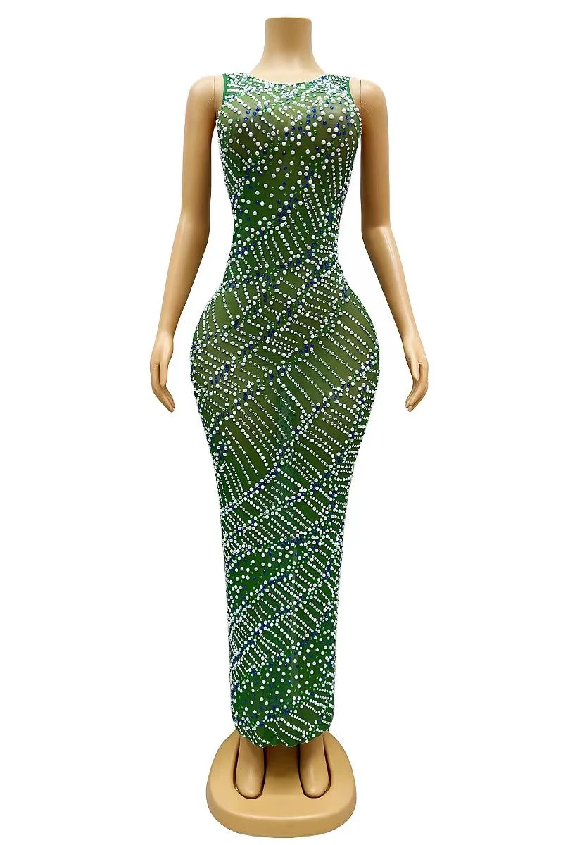 

Colorful Rhinestones Crvstals Sleeveless PinkGreen Dress Sexy Stretch Dance BirthdayCelebrate Costume Party Wear huatian C088