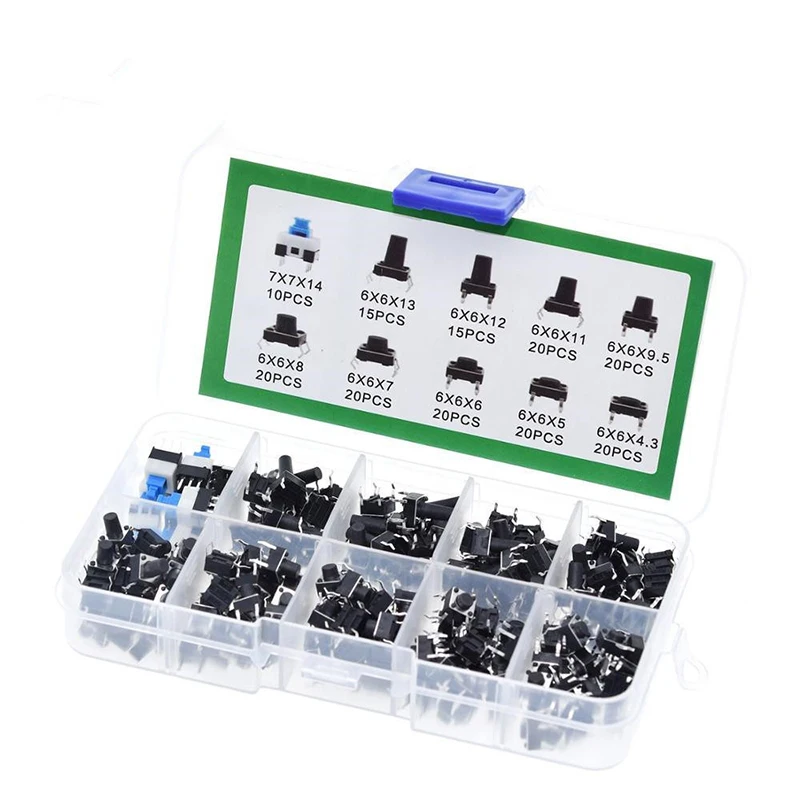 10 Values 180PCS Tactile Push Button Switch Mini Momentary Tact Assortment Kit DIY for Switch 6*6 4.3MM~13MM DIP 4P