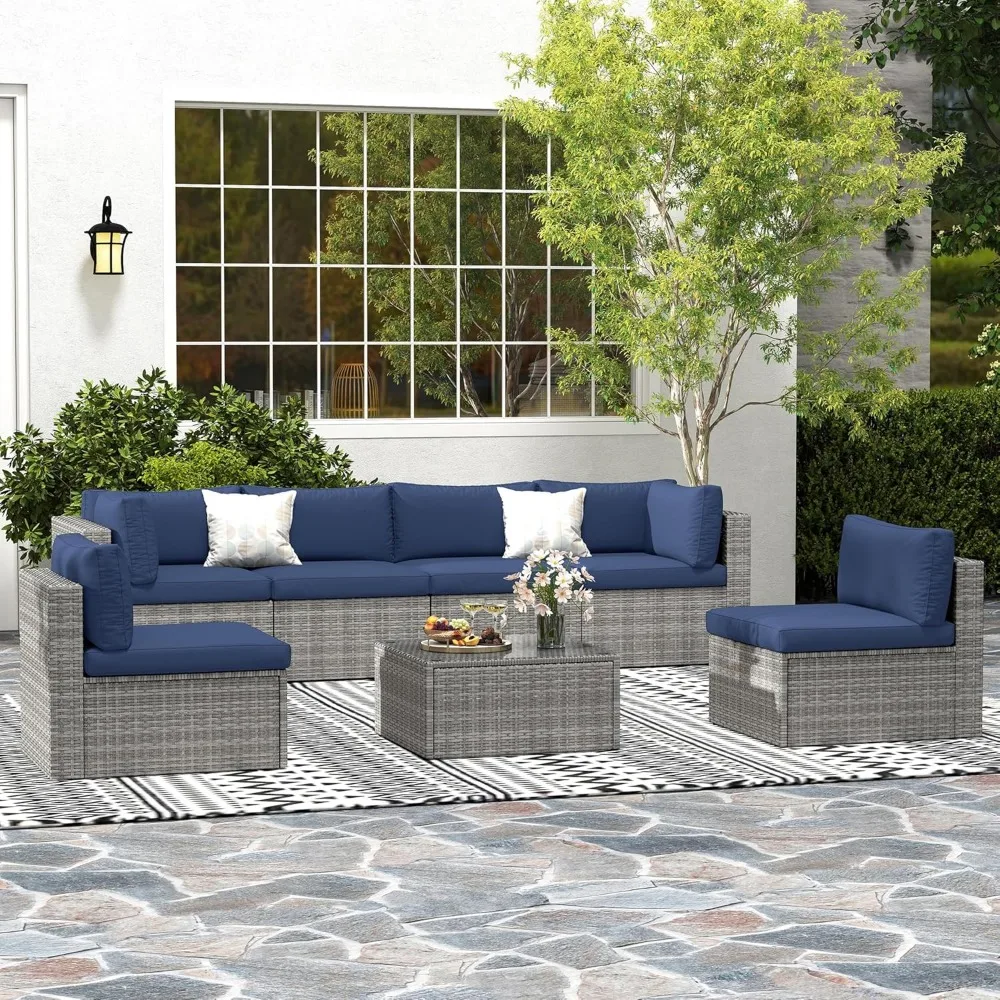 

7 Pieces Outdoor Patio Furniture Sets with Glass Tea Table, PE Rattan Wicker Patio Conversation Set with Washable Cushions, Outd