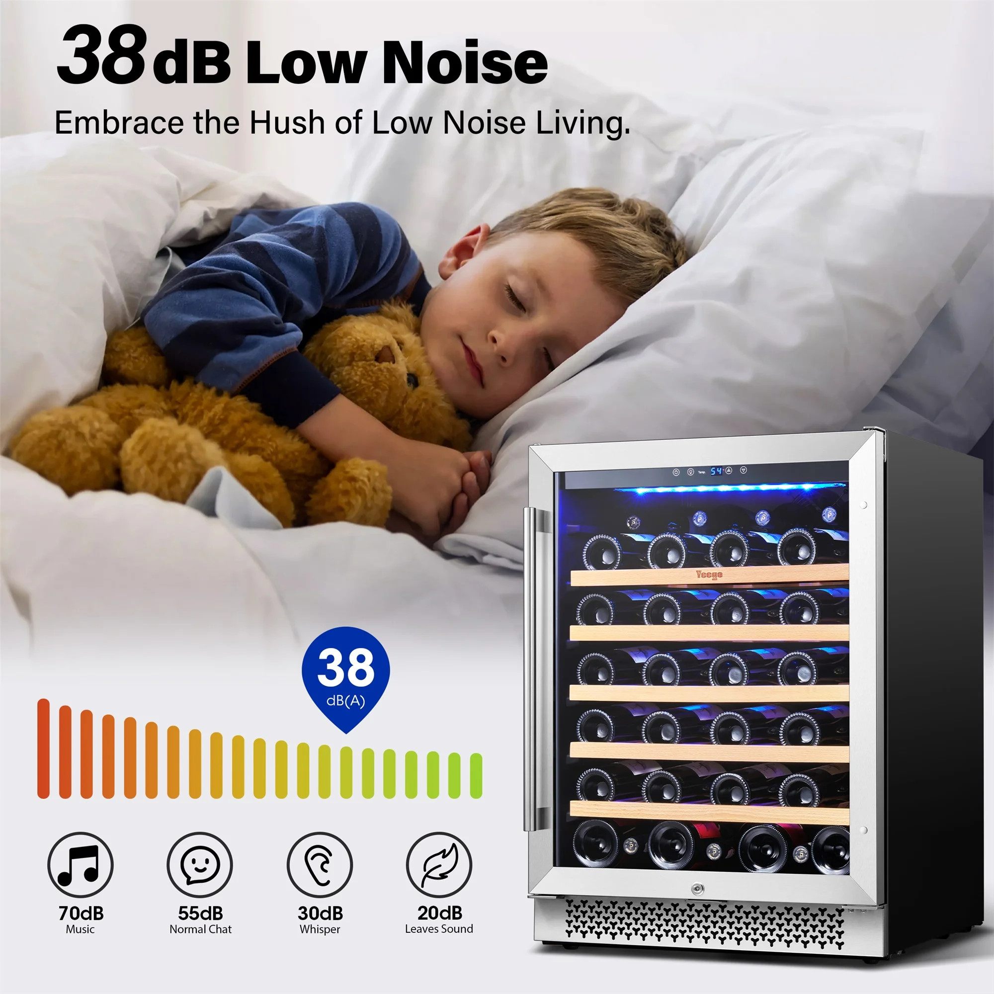 Yeego 145L Wine Cooler – Elegant 47-Bottle Capacity Refrigerator with Precision Cooling, Stylish Design & Durable Wood Shelves