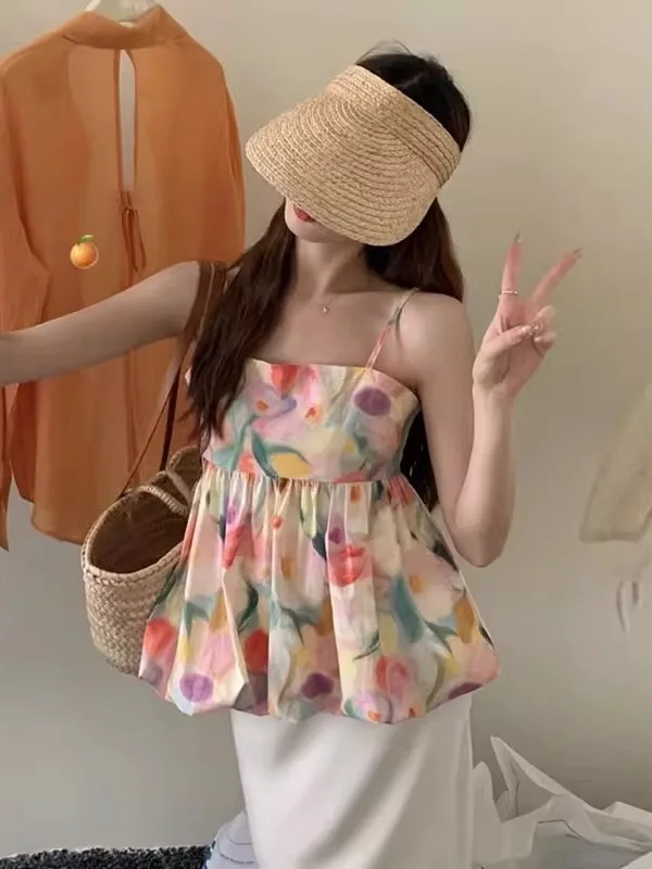 

Floral Print Dress And Vest Set Women's Sleeveless Doll Top Small Size Half Skirt Two Piece Summer Outfit Dopaamine Style