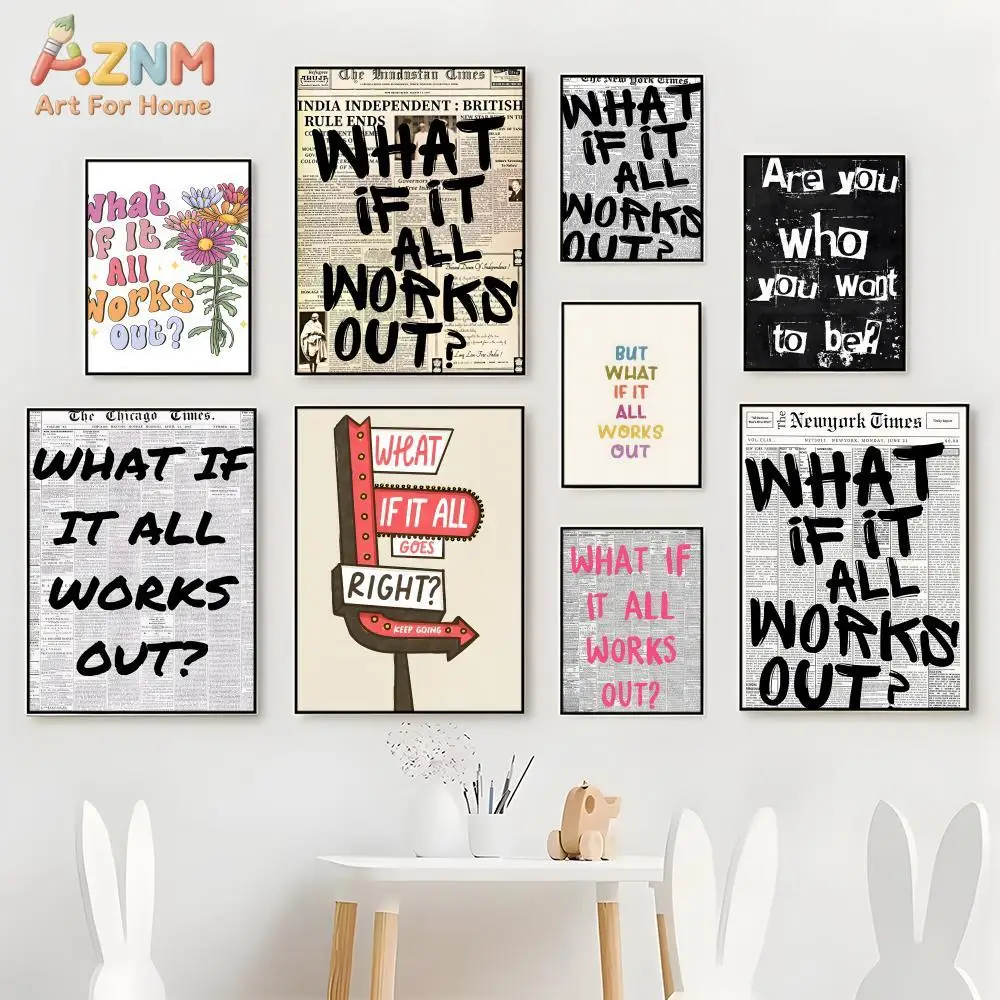 AZNM Motivational Quote Canvas Wall Art, What If It All Works Out Retro Newspaper Print, Unframed Inspirational Poster for Home