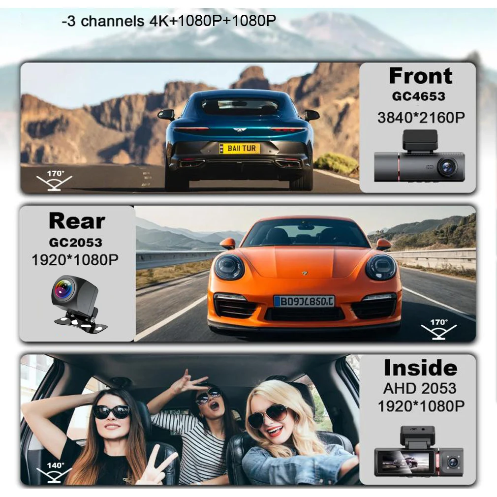 3 Channel Car DVR UHD 4K Dash Cam Wifi GPS With Rear View camera HD 1080P 3.16 inch Screen Night Vision Video Recorder