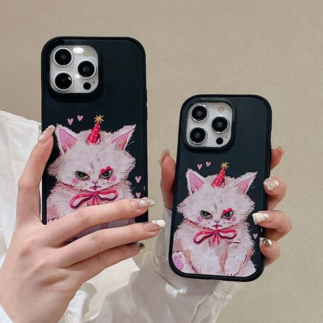 

Pink Cat Black Frosted Phone Case Cover for IPhone 13 14 15 16 Pro Max Case