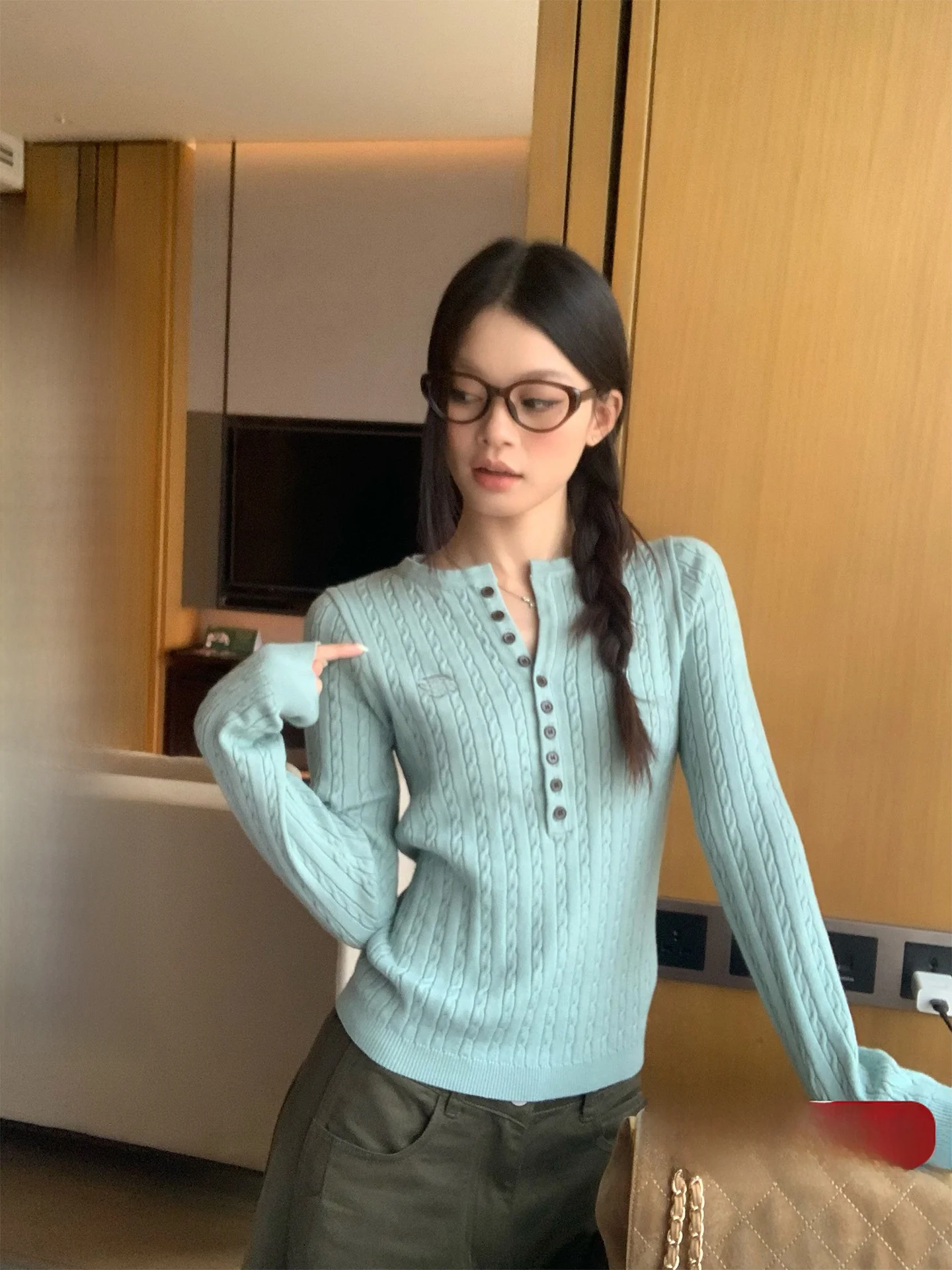 Blue Henry Collar Knitted Sweater Women's Slim Fit Long Sleeve Autumn Winter New Style Base Layer Top Sizing True to Chart