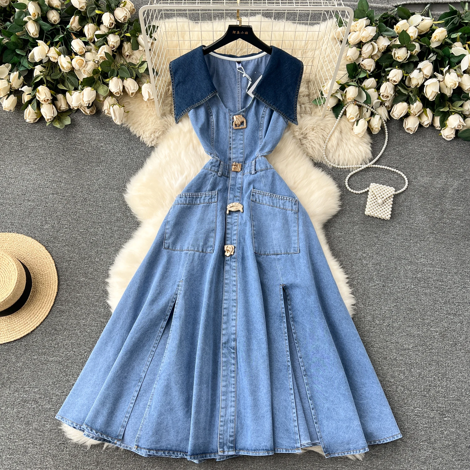 Designer DENIM ชุดผู้หญิงชุดยาวเดี่ยว Big Turn-Down COLLAR เอวกระชับสัดส่วนแยก A-Line Vestidos