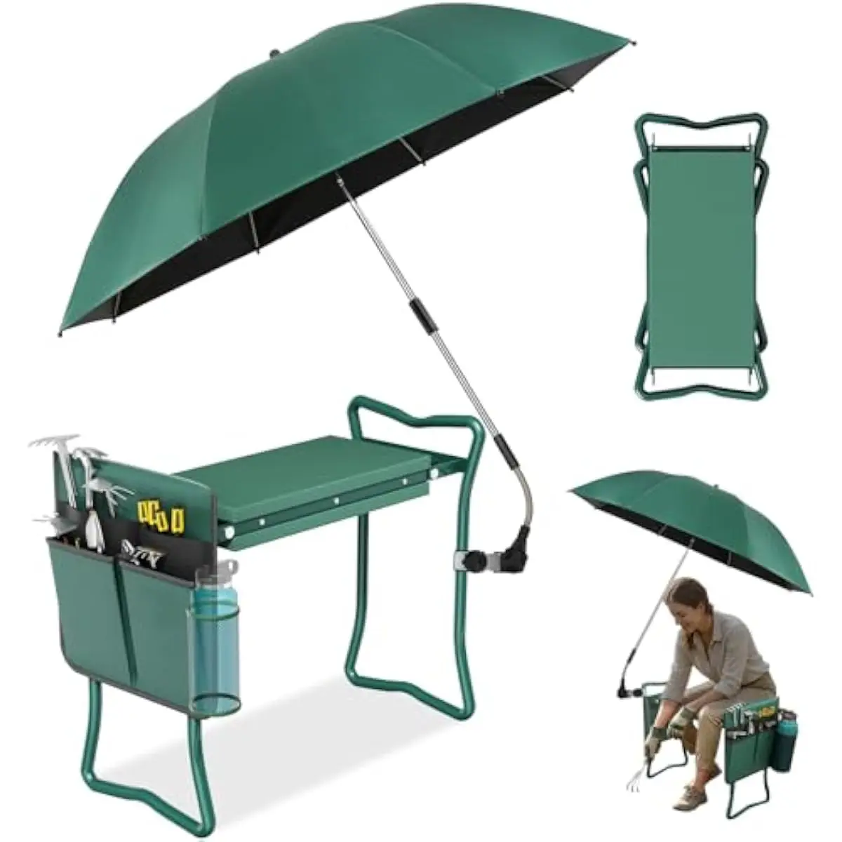 2-in-1 Adjustable Garden Stool with Detachable 42-Inch UV50+ Umbrella Clamp System, 330-Lb Capacity Seat & Kneeling Pad, Integra