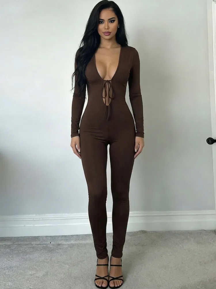 

Коричневые женские комбинезоны для весны и лета с длинным рукавом, V-образным вырезом, свободного кроя, модные уличные комбинезоны-леггинсы, брюки 2026