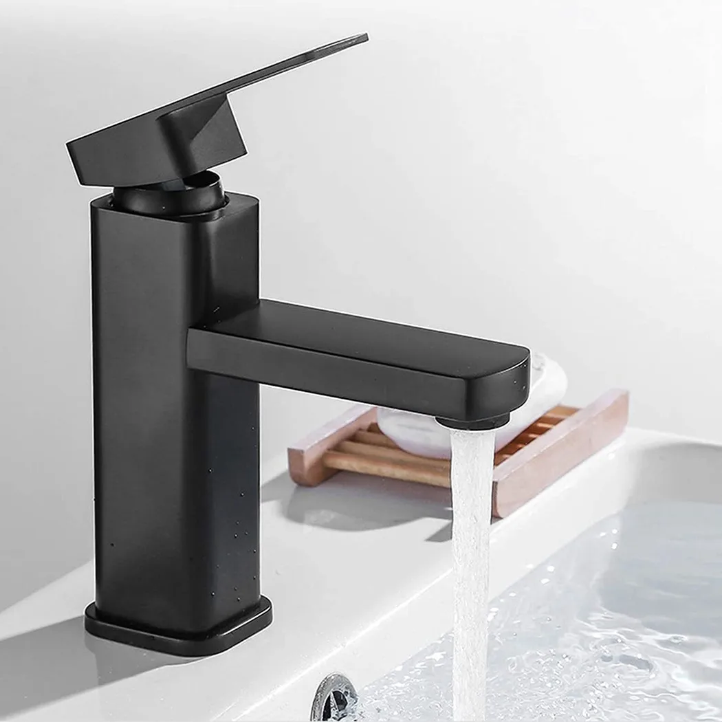 

Bathroom Hot/Cold Water Basin Faucet Single Hole Single Lever Deck Mounted Matte Black Square Brass Tap