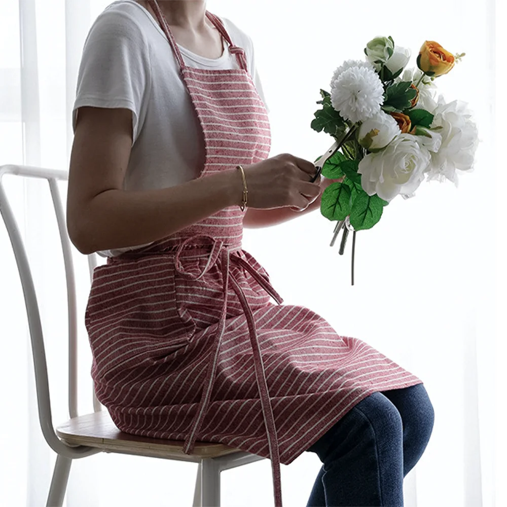 Gerring Apron Cooking Stripe Pleated Kitchen Apron Dress Linen Sleeveless Coveralls Chef Waiter Cafe Shop BBQ Tablier Delantal