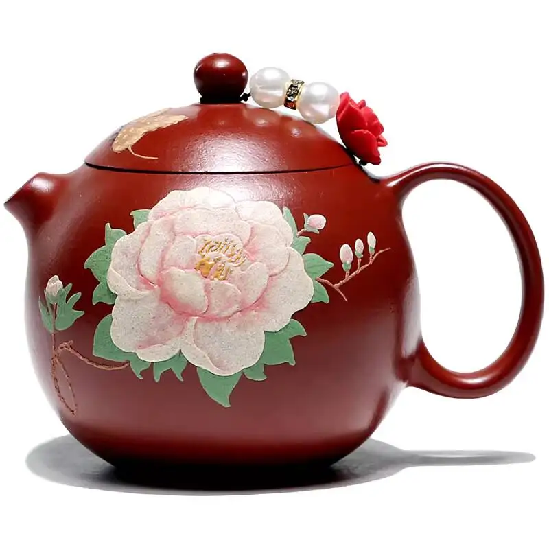 [Not Ordinary Teapot]Yixing Original Mineral Purple Teapot Handmade Tea Brewing Pot Zhu Clay Painted Peony Pufferfish Xishi
