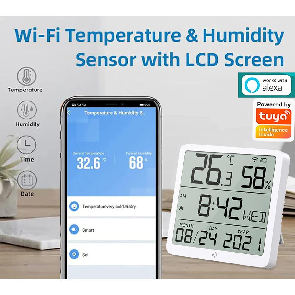 Sensor de temperatura y humedad WIFI Tuya para hogar inteligente, Detector de termómetro, Control por aplicación Smart Life, compatible con Alexa y Google Home