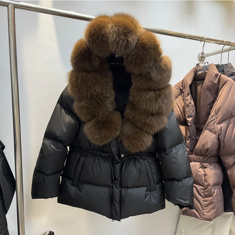 Women's Thiened ort down Jaet 2025 New l  Fur Collar Hooded Waist-Cinching Warm Outerwear Korean Sle Commute