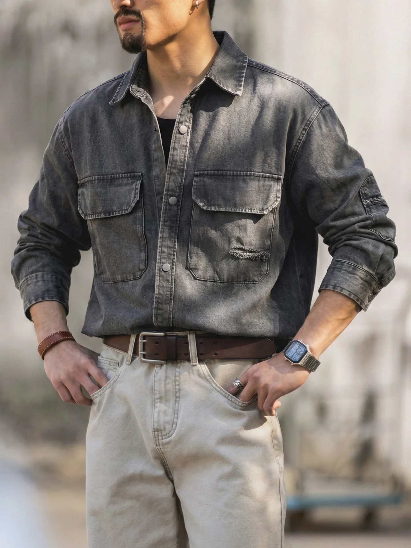 American Washed Distressed Workwear Shirt Men's New Fall Large Size Anti-wrinkle Ameika Khaki Vintage Denim Jacket Trendy