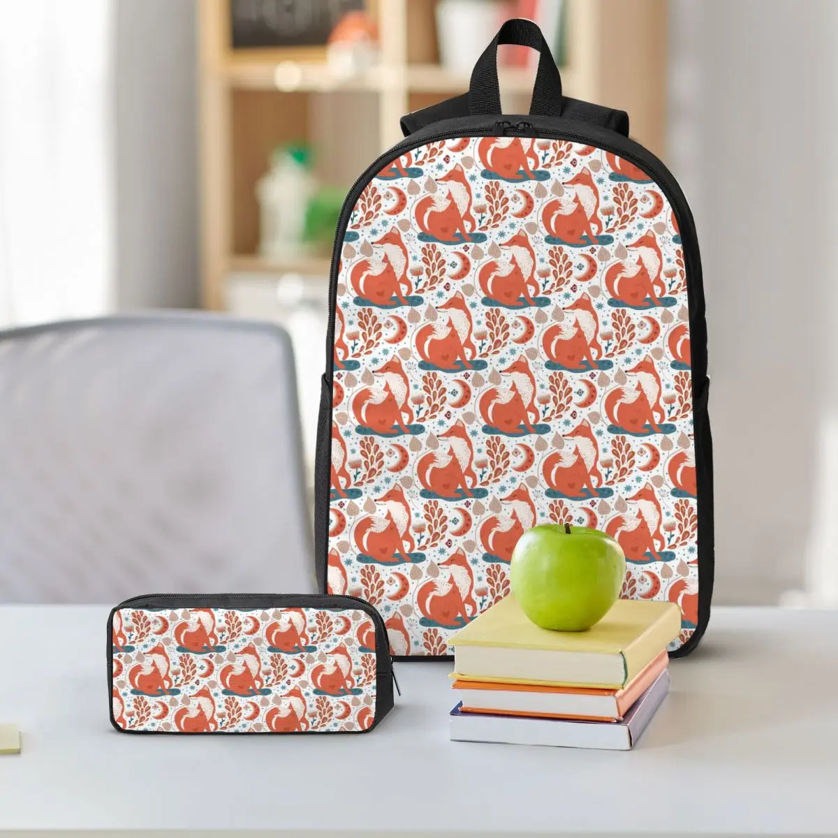 Orange Fox With Plant Pattern Backpack Student BookBag School Bag Shoulder Bags 3ps Insulated Lunch Bag Pencil Case