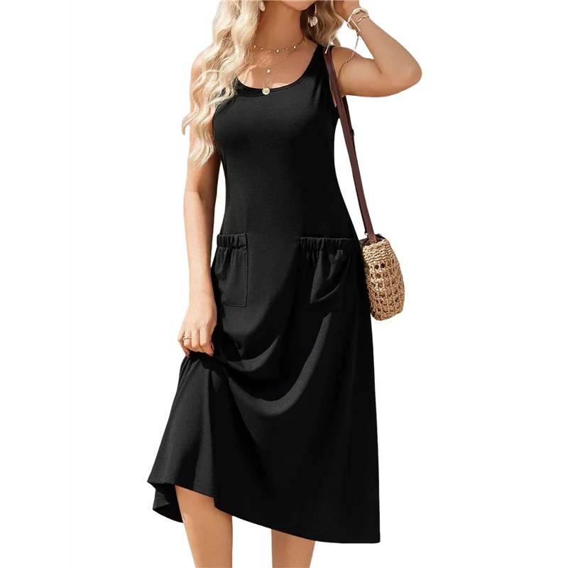 AOAO-Women's Summer Sleeveless Floral Beach Crewneck High Waist A-Line Midi Tank Dresses With Pockets