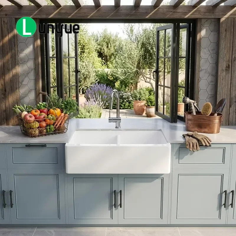 33 Inch White Fireclay Apron Front Double Bowl Kitchen Sink Farmhouse Design Durable Ceramic Basin for Modern Home Renovation