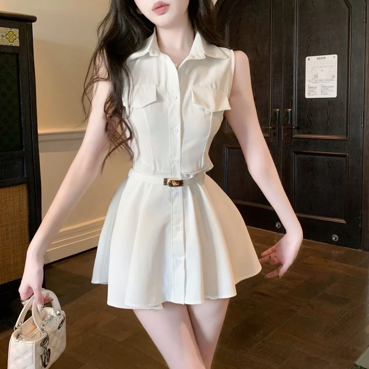 

Slimming Effect Summer Collar Svel Waist Cinched Dr with Belt Casual High Waist A-Line Skirt Two-Piece Set