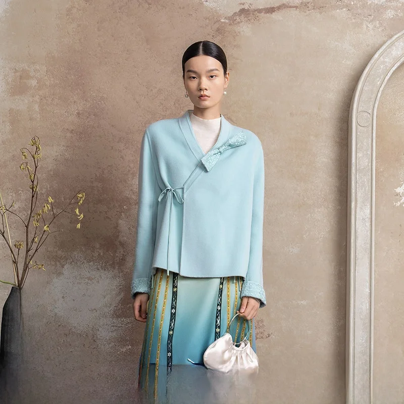 Vintage Double-Faced Woolen Coat Women's Knot New Chinese Sle Reversible Woolen Jaet Straight Cut Long Sve